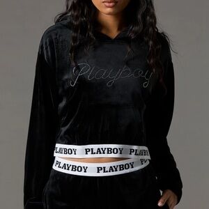 PLAYBOY Black Velour Hoodie with White Logo Waistband